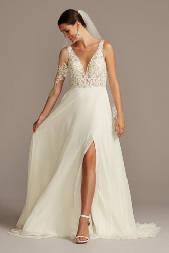 Galina Ivory Size 14 Applique Illusion Chiffon Wedding Dress STYLE# SWG842 NWT