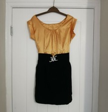 Mustard Yellow Satin Mini Dress Black stretch waist buckle Formal Party short 6