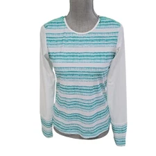 CABANA LIFE Women’s Turquoise/White Rashguard Long Sleeve Top NWT Medium SPF 50