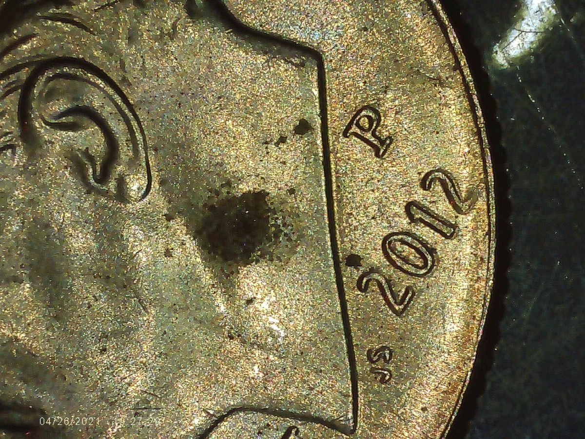 2012-P dime multiple errors, off-center, DDO+DDR, sharp rim, die