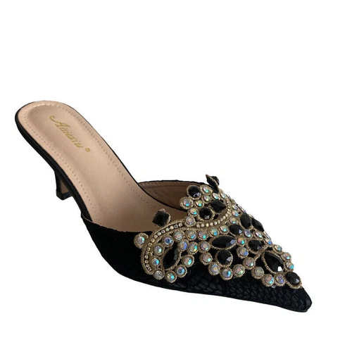 Mujer Moda Puntera Punta Punta Diamante Mulas Zapatillas Gatito Tacones Medianos Zapatos Vestido - Imagen 14 de 15