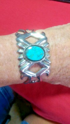 Native American Sandcast Navajo Manassa Turquoise Silver Large Size Bracelet