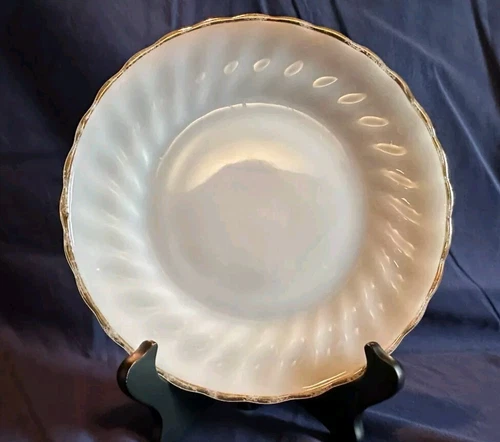6 PLATES Dessert Salad  Vintage Fire King Oven Ware Milk Glass 7.5” Gold Trim