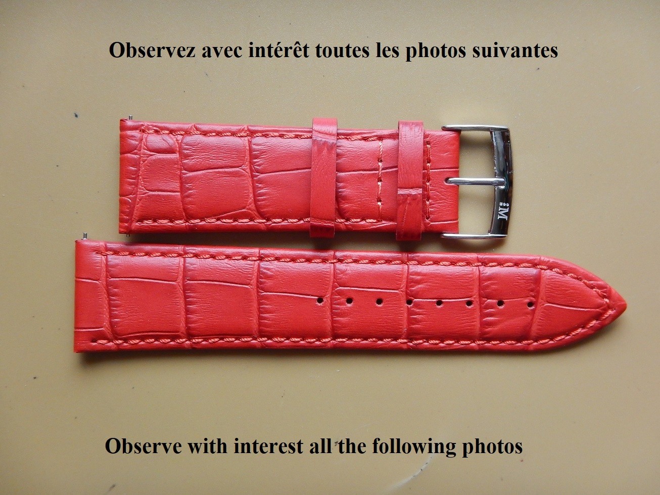 Bracelet montre 24mm rouge cuir véritable alligator pour remplacer un bracelet usé