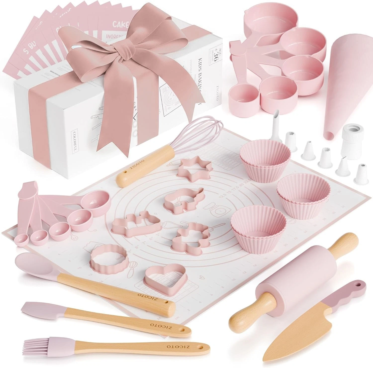 Kids Baking Set with Real Kitchen Utensils 43 Pieces Pink Food-Grade Silicone