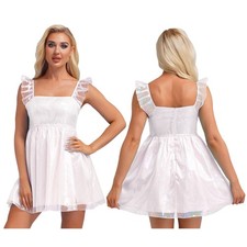 UK Women's Shiny Ruffled Sleeve High Waist Sleeveless Flared Princess Mini Dress