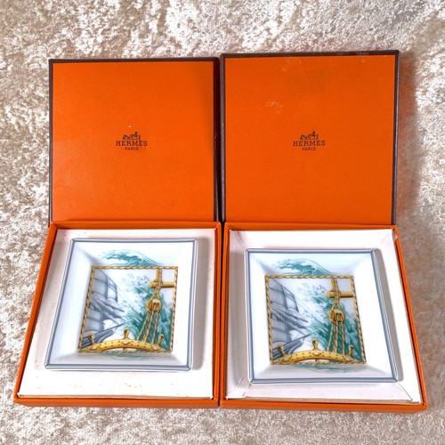 Hermes Mini Change Tray Porcelain Ashtray Patchwork 8x8cm Set of 2 with Case