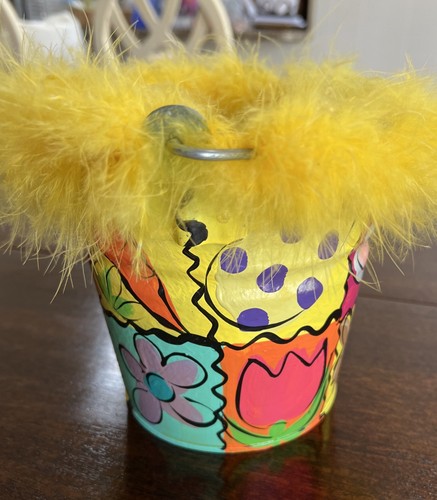 Cesta de Pascua pintada a mano cubo caza huevos primavera conejito zanahorias flores colorido - Imagen 7 de 13