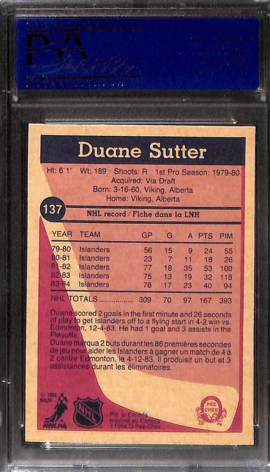 1984 O-PEE-CHEE #137 Duane Sutter PSA 10 GEM-MT 81792200 - Image 2 of 3