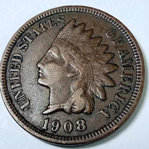 1908 Indian Head One Cent Penny Very Fine Details #5691