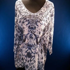 Women's Time And Tru 3x Bohemian Style 3/4 Sleeve Blouse Blue And White