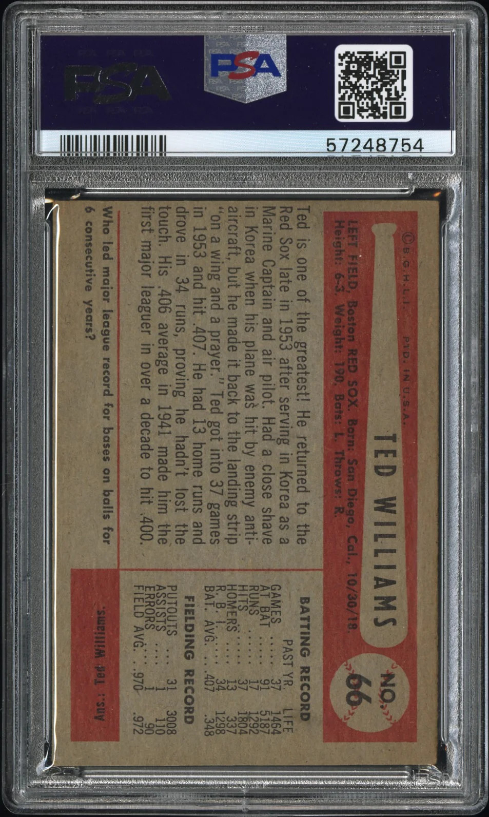 1954 Bowman Ted Williams #66 PSA 2.5 view 2