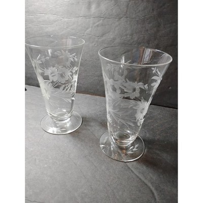 Vintage Etched Floral Glass Footed Trumpet Vase Set Elegant Decor
