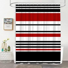 Black Red Striped Shower Curtain Modern Abstract Fabric Hooks 70x70 Inch Set