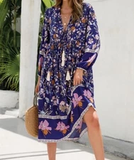 R. Vivimos MIDI Dress Sz M Blue Floral Long Slv Tiered Tassel Boho Cottagecore