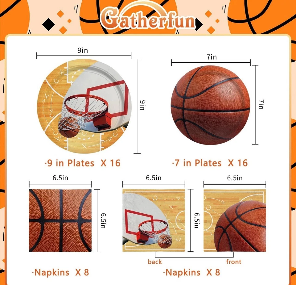 Товары для баскетбольной вечеринки для 16 гостей обед десерт бумажные тарелки салфетки - Изображение 2 из 4