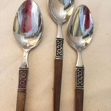 EKCO ETERNA La Joya Stainless Steel Flatware Japan MCM 3  Tablespoons Faux Wood