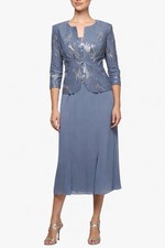 Alex Evenings Steel Blue Sequin Midi Dress Jacket Set Mother of Bride Womens 14P