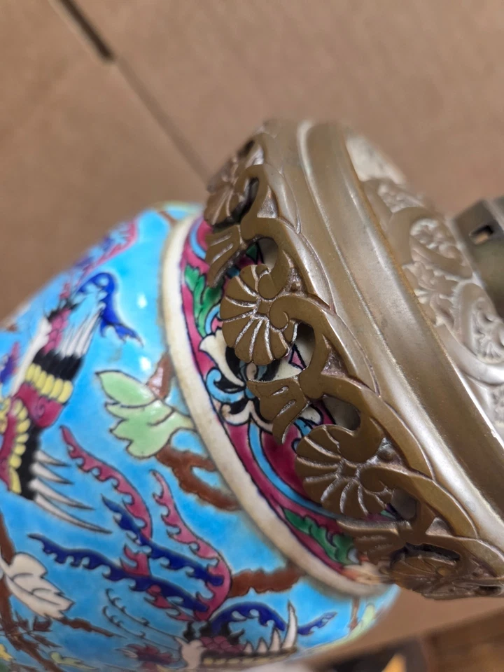 Jarrón de loza esmaltado Longwy como lámpara latón antiguo raro faisán azul brillante Foto 3 de 4