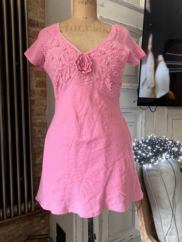 Vintage Boho NOUGAT PINK LINEN LACE CROCHET SHORT MINI DRESS 10 12 🩷 Flare Cute - Picture 3 of 13