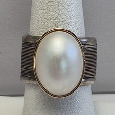 Vintage Sterling Silver 925  14K Gold MoP White Mother of Pearl Ring Sz 7.75