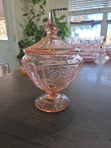 Vintage Pink Depression Glass Candy Dish + Lid -MAYFAIR / OPEN ROSE