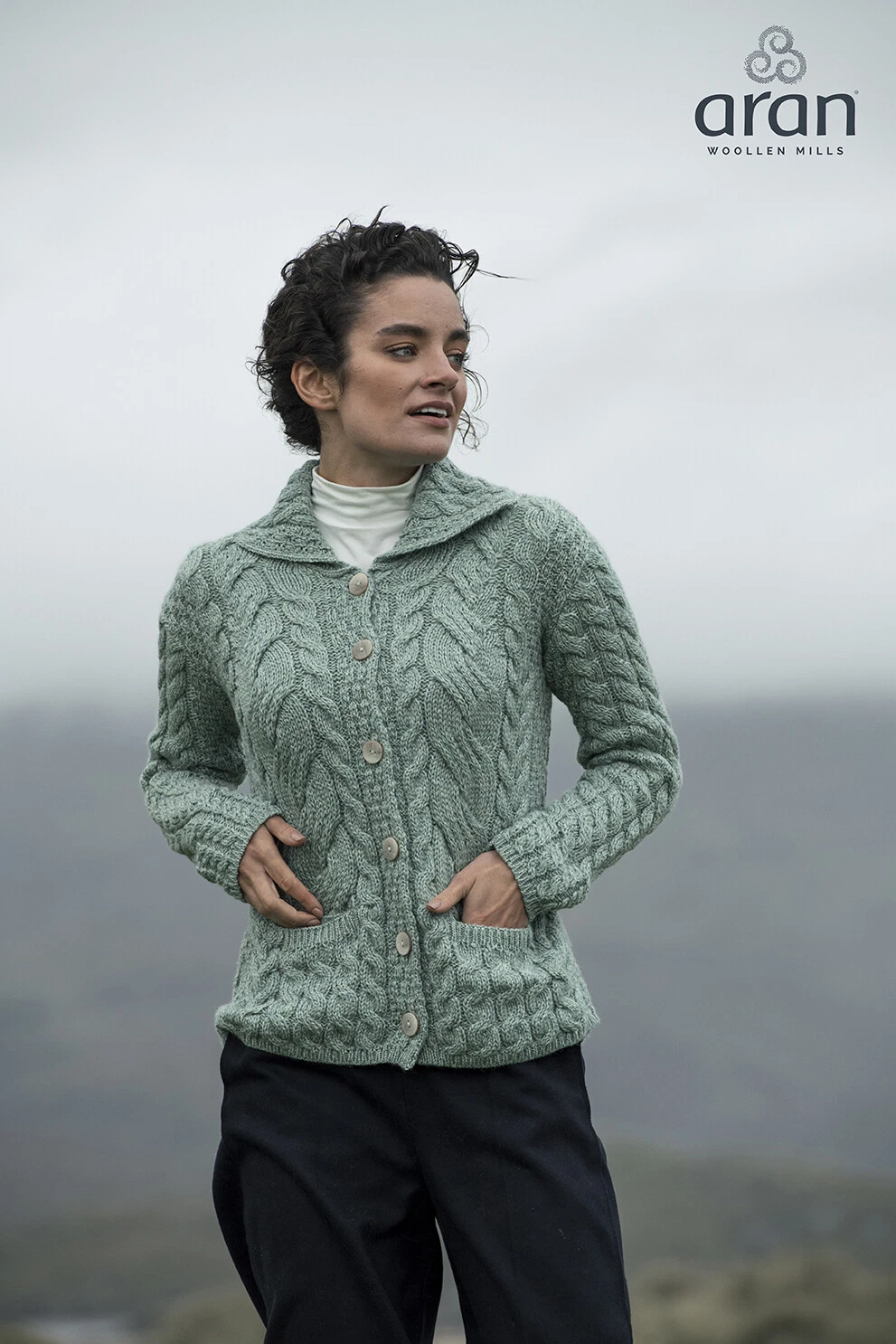 Cable Knit Cardigan Irish Merino Wool Buttoned Sweater Side Pockets Comfy Green