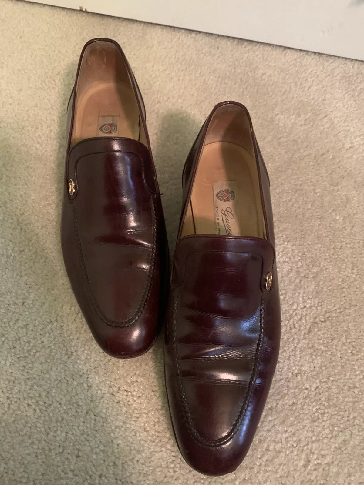 GUCCI Gold GG Horsebit Burgandy Leather Loafers Classic Dress Slip On Size 9.5