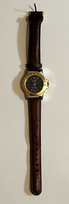  Kathy Ireland Brown Leather Gold Tone Watch Blue Face Silver and Gold Bezel 