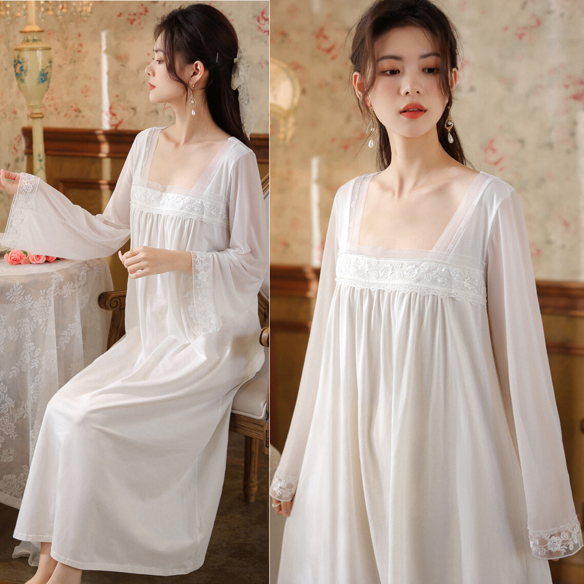 Vintage Embroidery Cotton Women Long Nightgowns Pink / M
