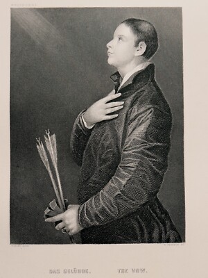TIZIAN DAS GELÜBDE BELVEDER GEMÄLDE KUNST 1872 ANTIQUARISCHE STAHLSTICH GRAVURE