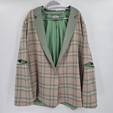 C'EST D Plus 3XL Blazer Plaid Pink Multi Single Button Green Lined Shoulder Pads