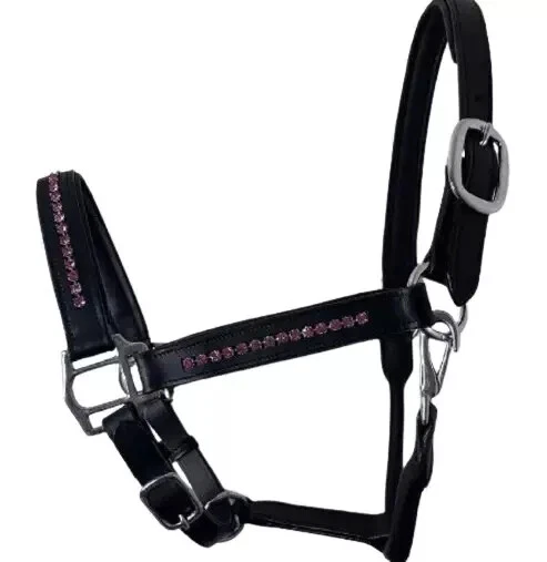 Leder Pferd gepolstert Kopf Halsband Halfter mit rosa Kristall alle Größen ko... - Bild 4 von 4