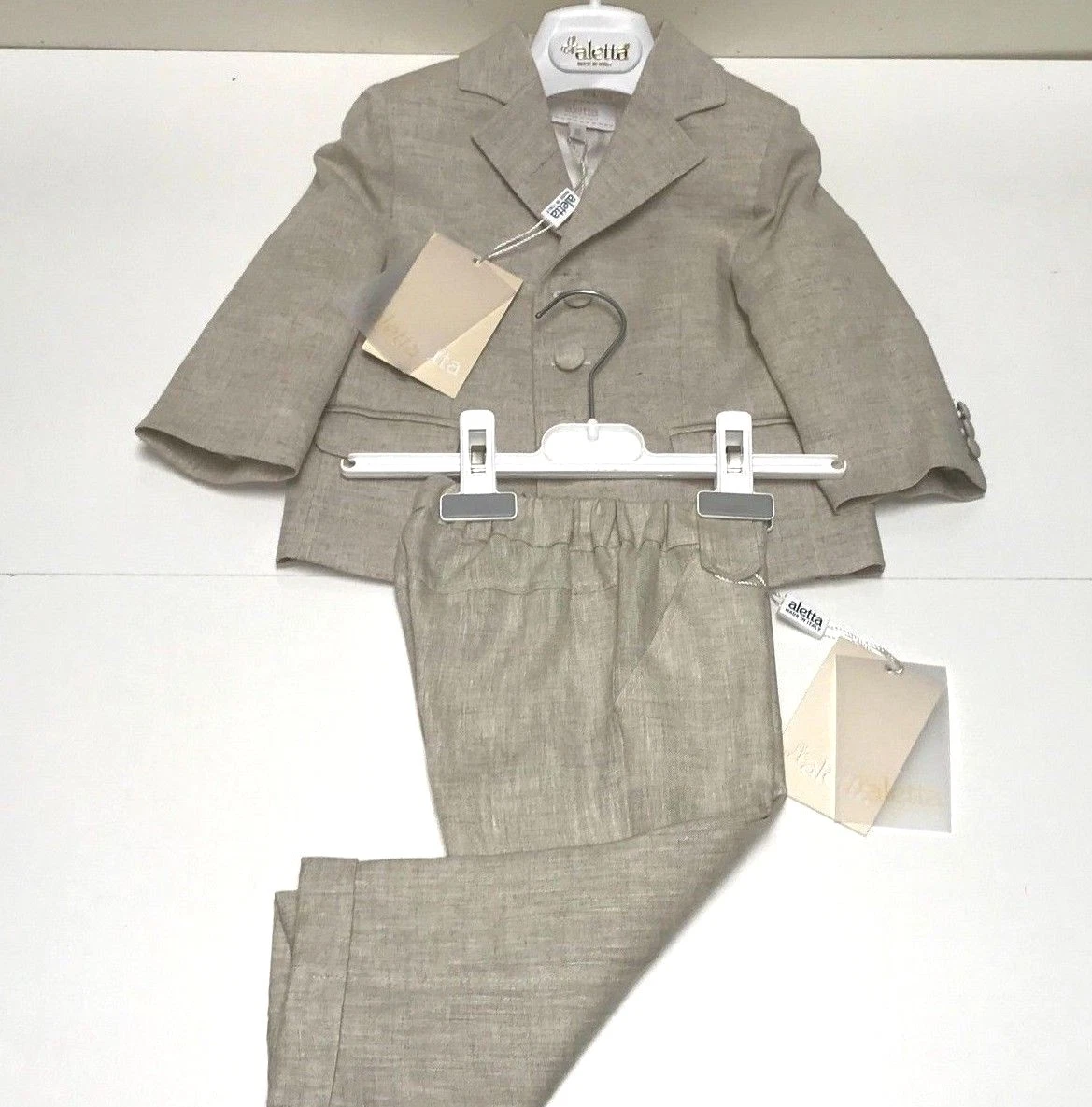 Aletta NEW Boys Baby 2 pc BEIGE BUTTON DOWN LINEN SUIT Sz 6m RTL 355 Q98
