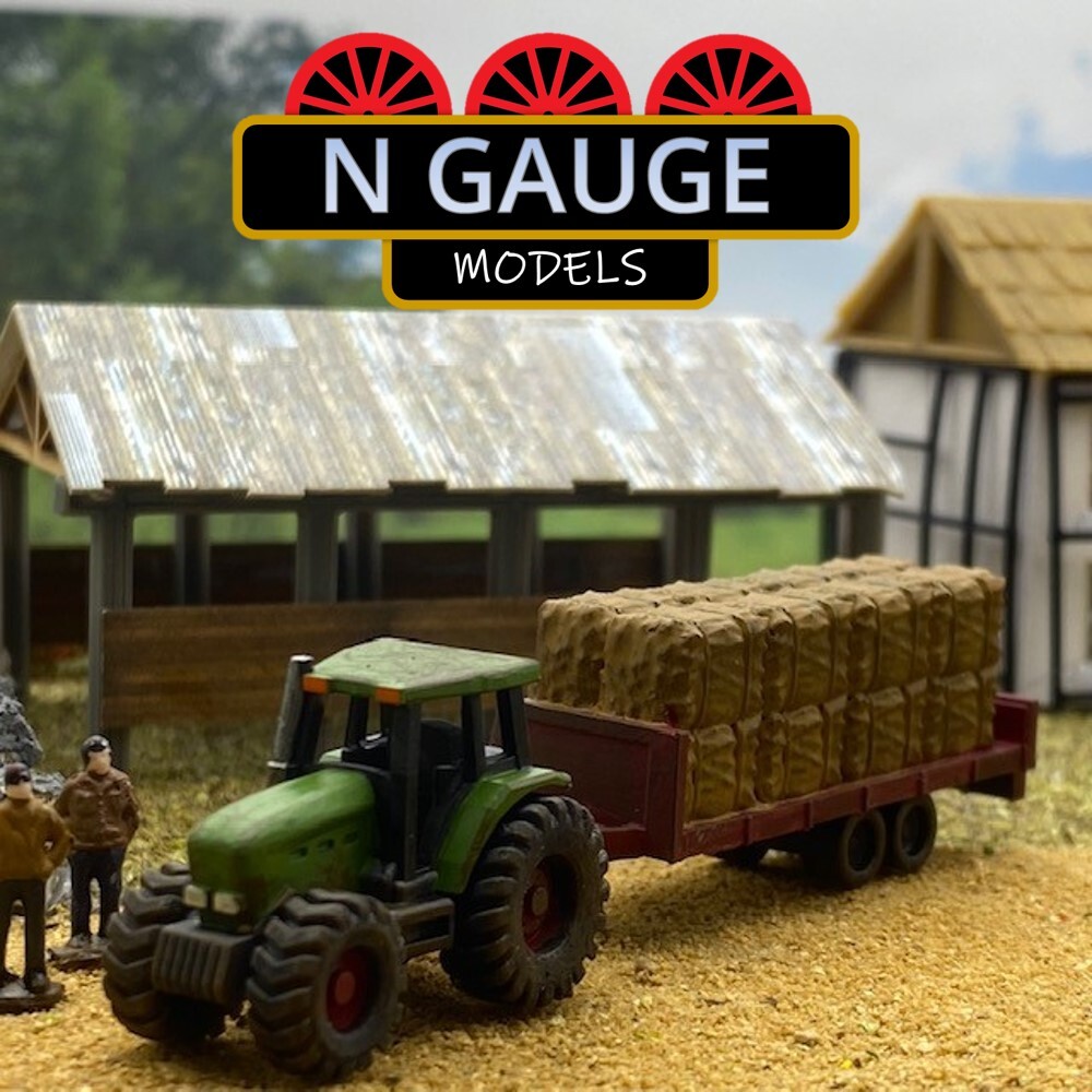 N Scale Painted Tractor & Bale Trailer - 1:148 Farm Scene