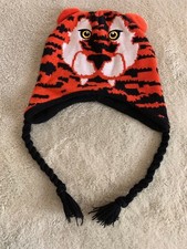 Boys Orange Black Tiger Knit Winter Hat Fleece Lined