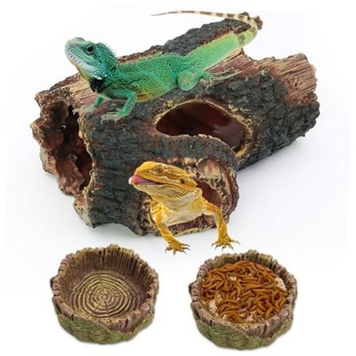 3Pcs Reptile Hide Cave Small Lizard Reptile Food＆Water Bearded Resin Hide Cave