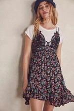 Free People FP One Adella Printed Mini Slip Dress Lace Ruffle Summer Smocked XS