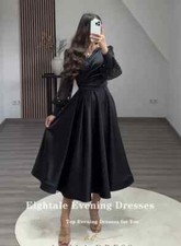 Evening Prom Dress for Wedding Party Satin Shiny V-Neck Long Sleeves A-Line Gown