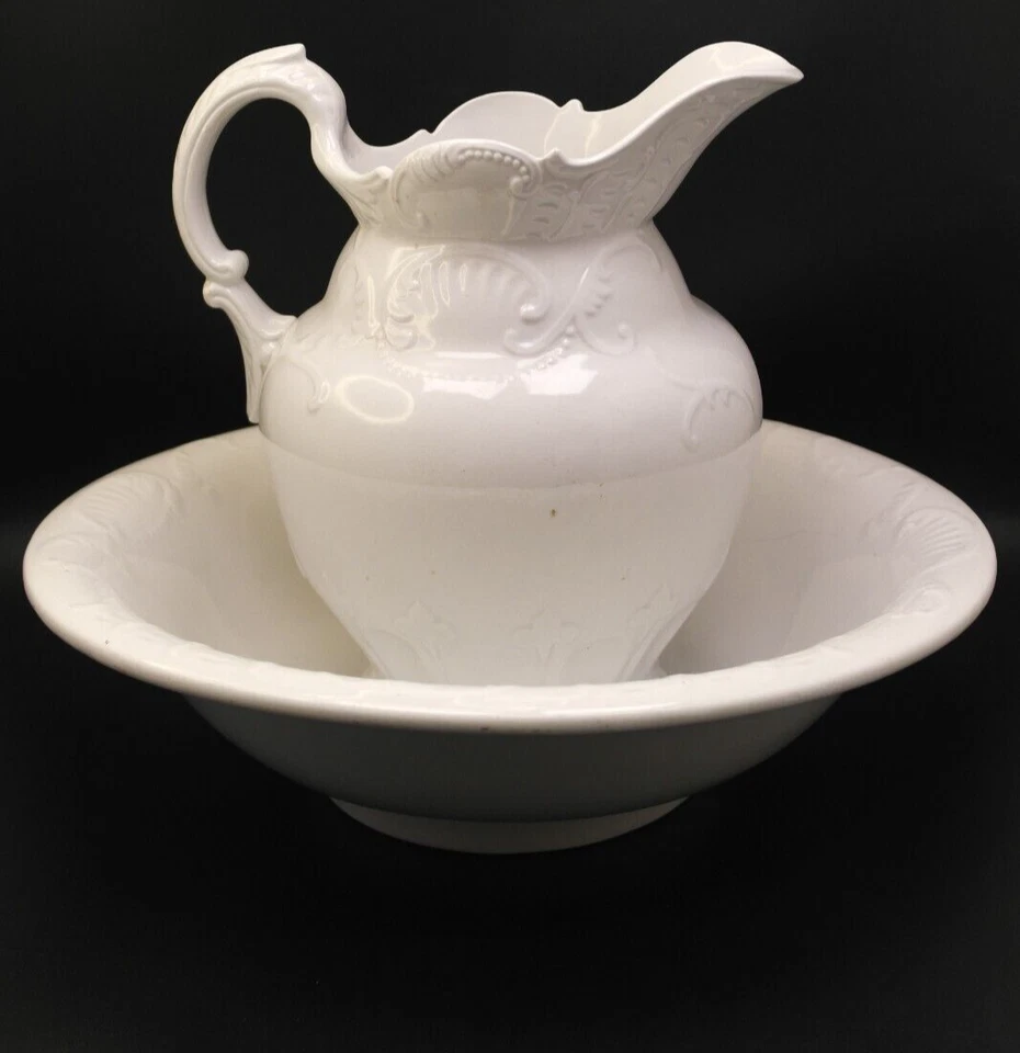Antiguo juego de jarra grande y lavabo Etruria & Mellor casa de campo blanco puro Foto 3 de 4