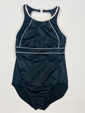 LANDS' END Women's Black White High Neck One Piece Swimsuit Tummy Control Size 8