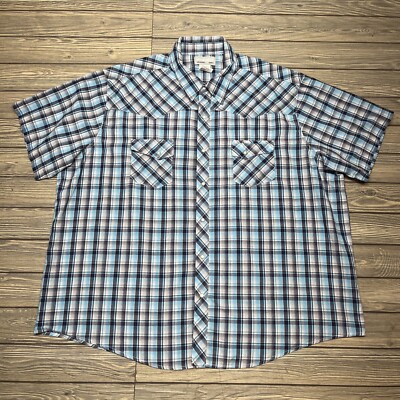Wrangler Wrancher Pearl Snap Button Up Shirt Plaid Blue Men Sz 3XL Short Sleeve