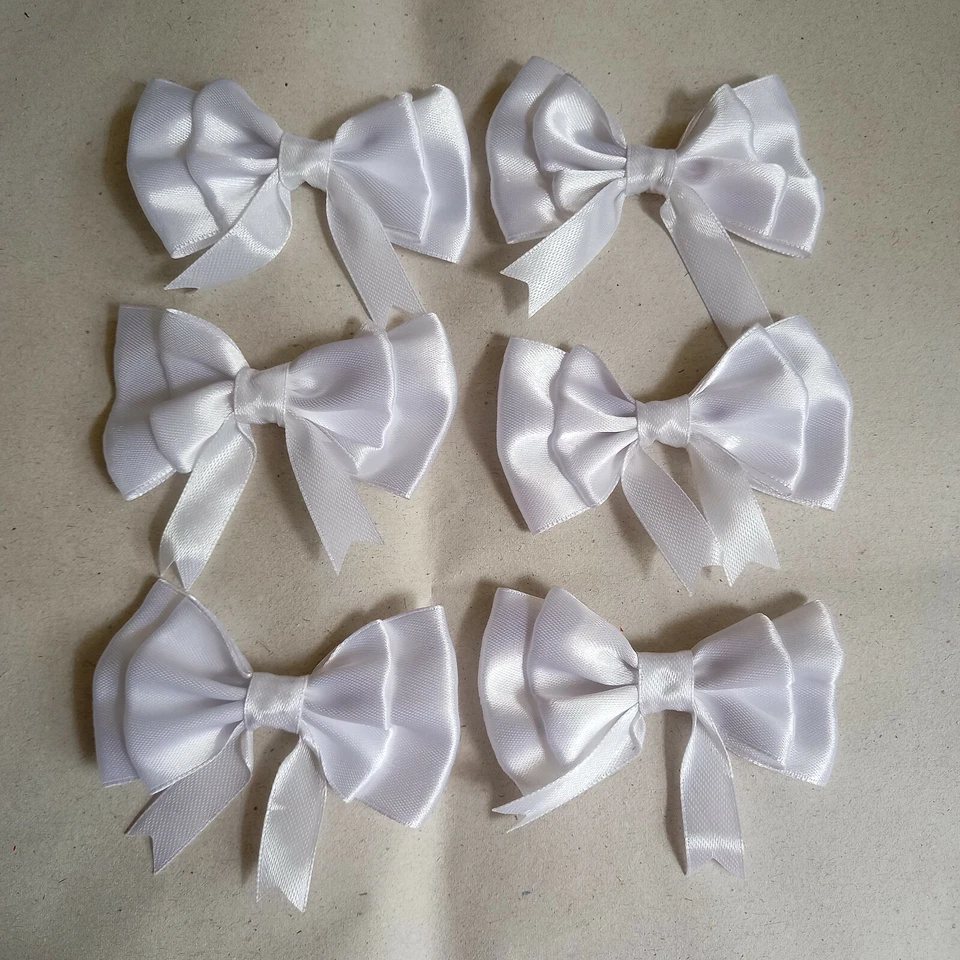White 3 inch Satin Ribbon Double Bows 50pcs Ready Made Craft Party Clothes - Image 3 of 4