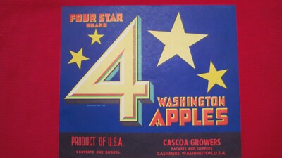 ORIGINAL FOUR STAR FULL SIZE APPLE WOOD CRATE LABEL  CASCOA GROWERS CASHMERE WA