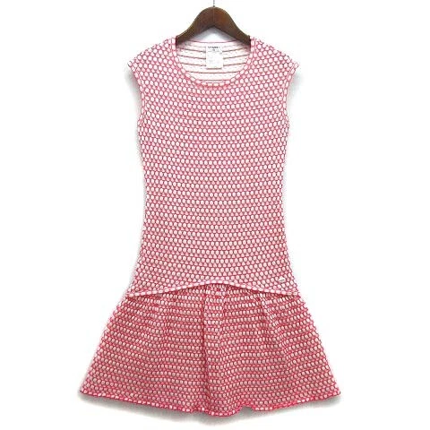 【Abito】CHANEL Abito in Maglia Goffrata Senza Maniche Rosa Bianco 34 Domestico Regolare