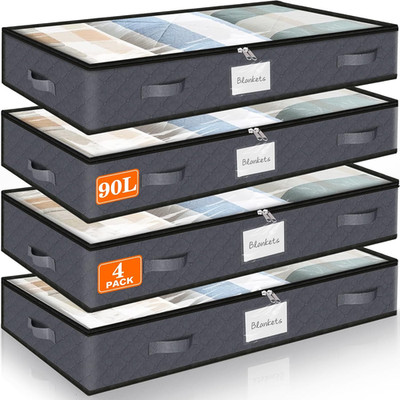 90L under Bed Storage Containers, 4-Pack Storage Bins with Clear Top, Foldable C