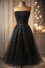 Unbranded  S Black Strapless Sequin Tulle Tea Length Evening Gown  46”   Y2K