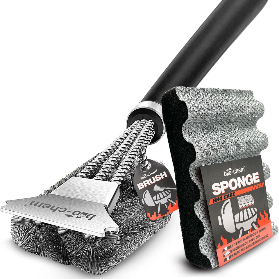 bio-chem Grill Zubehör Reinigungsset: Grillbürste mit Schaber & Grillschwamm