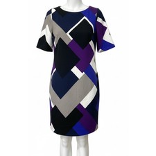 Eliza J 8P Blue Purple Tan Geometric Print Sheath Dress Short Sleeve Petite