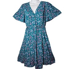 Draper James RSVP Teal Floral Wrap Flutter Sleeve Midi Dress S Cottagecore